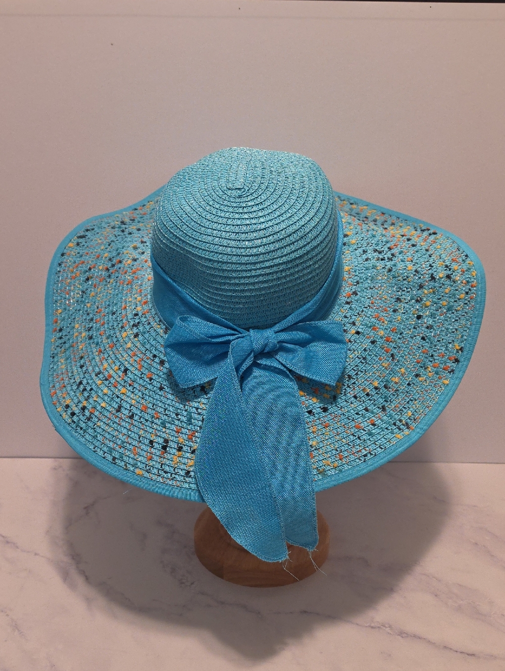Summer Wide Brim Sun Hat - Blue with Bow